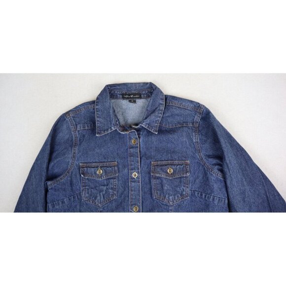 WOMEN'S DARK WASH DENIM TUNIC SHIRT DRESS - LONG SLEEVE - LOVE BY CHESLEY - M - Picture 5 of 10
